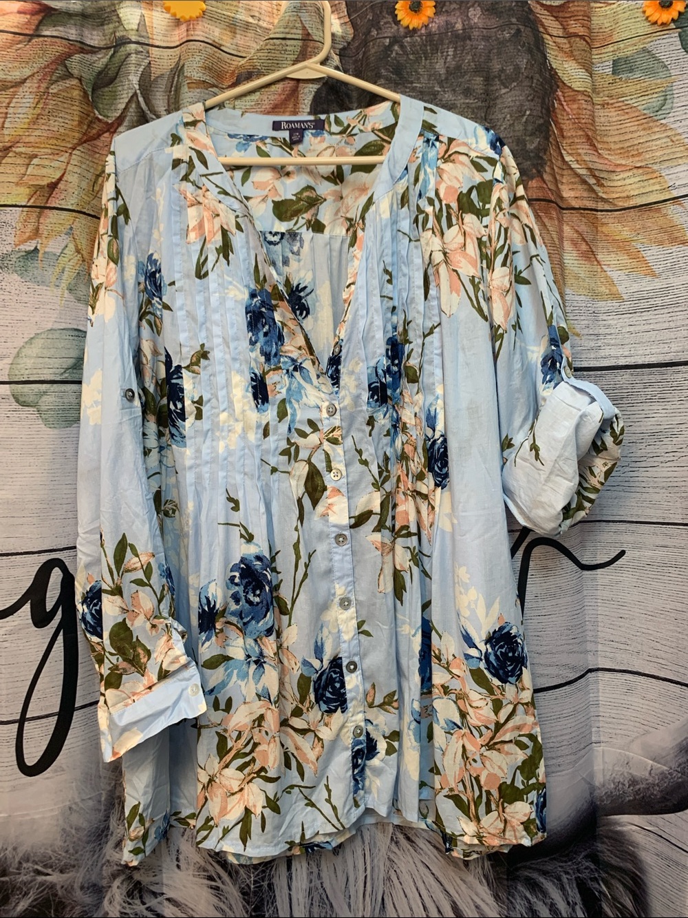 Roaman's Powder Blue Floral Pintuck Button-Up Blouse